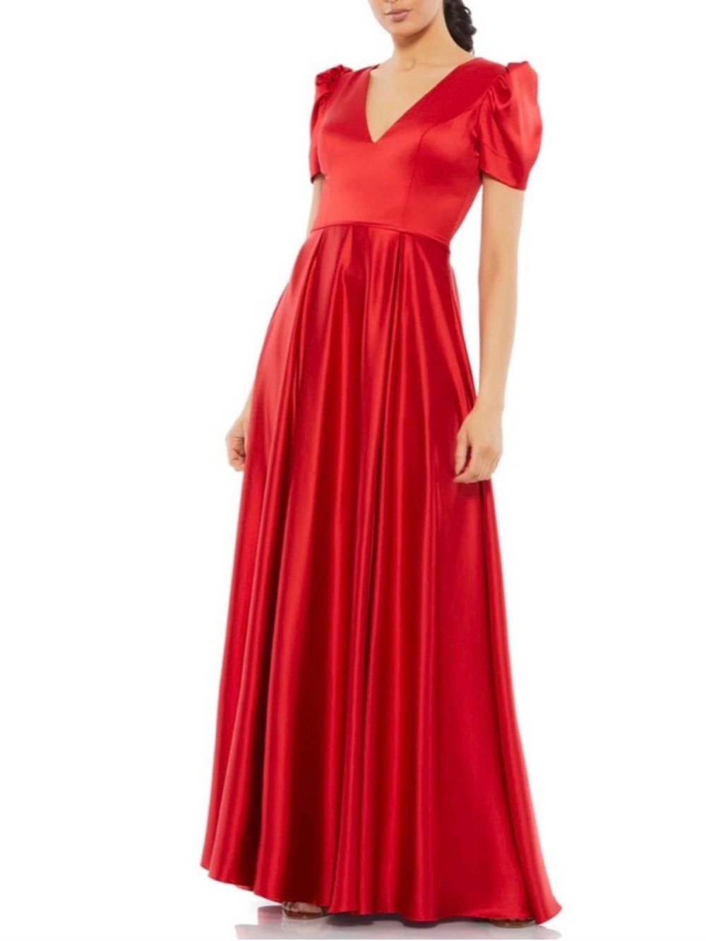 Mac Duggal Red Satin V-Neck Puff Sleeve Maxi Dress
